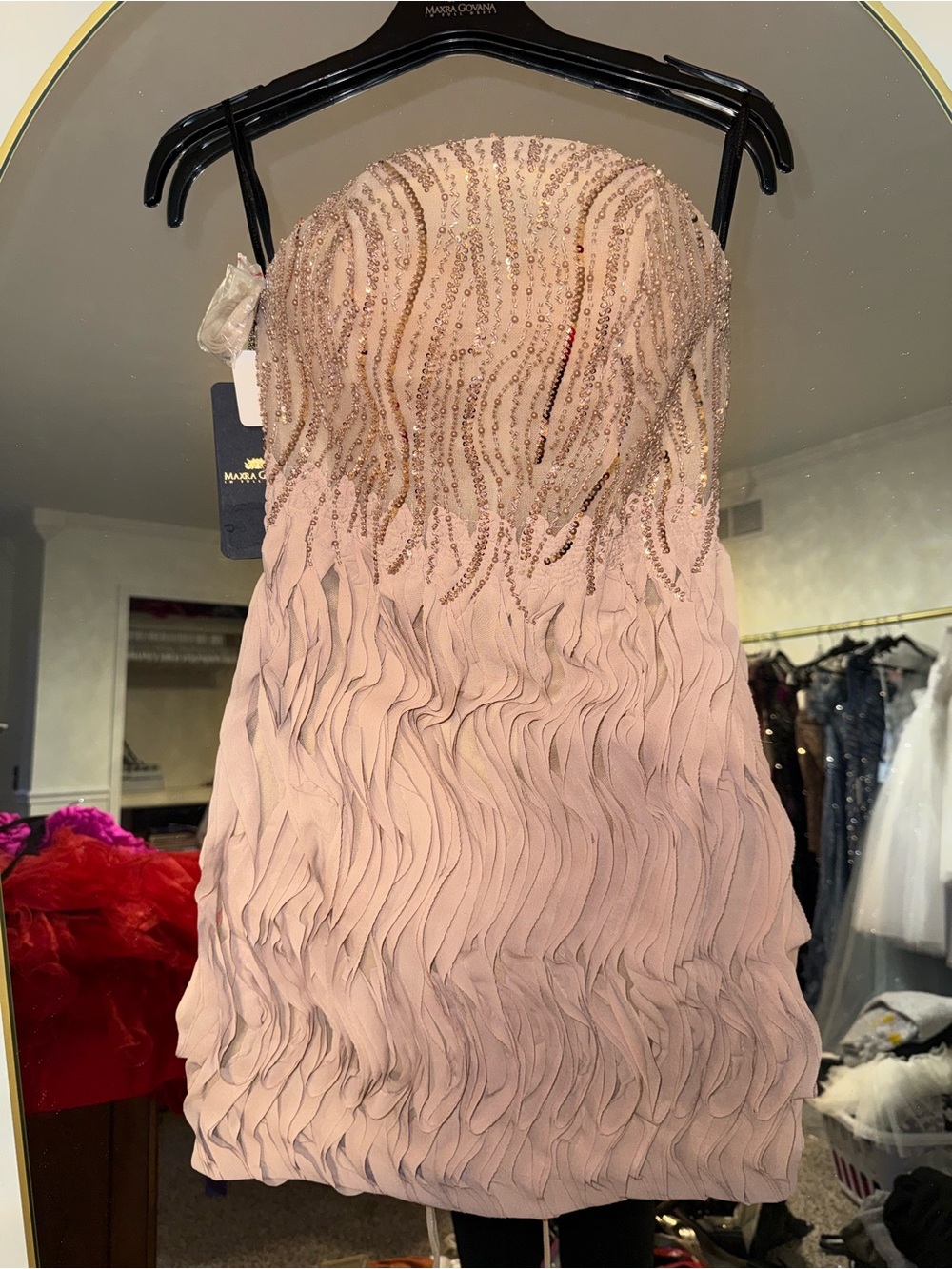 Strapless Nude Sequin & Ruffle Cocktail Dress